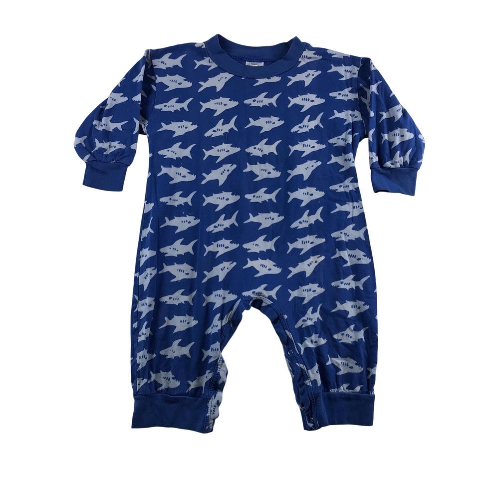 Corkys Kids Blue White Shark Print Cotton Long Sleeve Snap Romper Size L